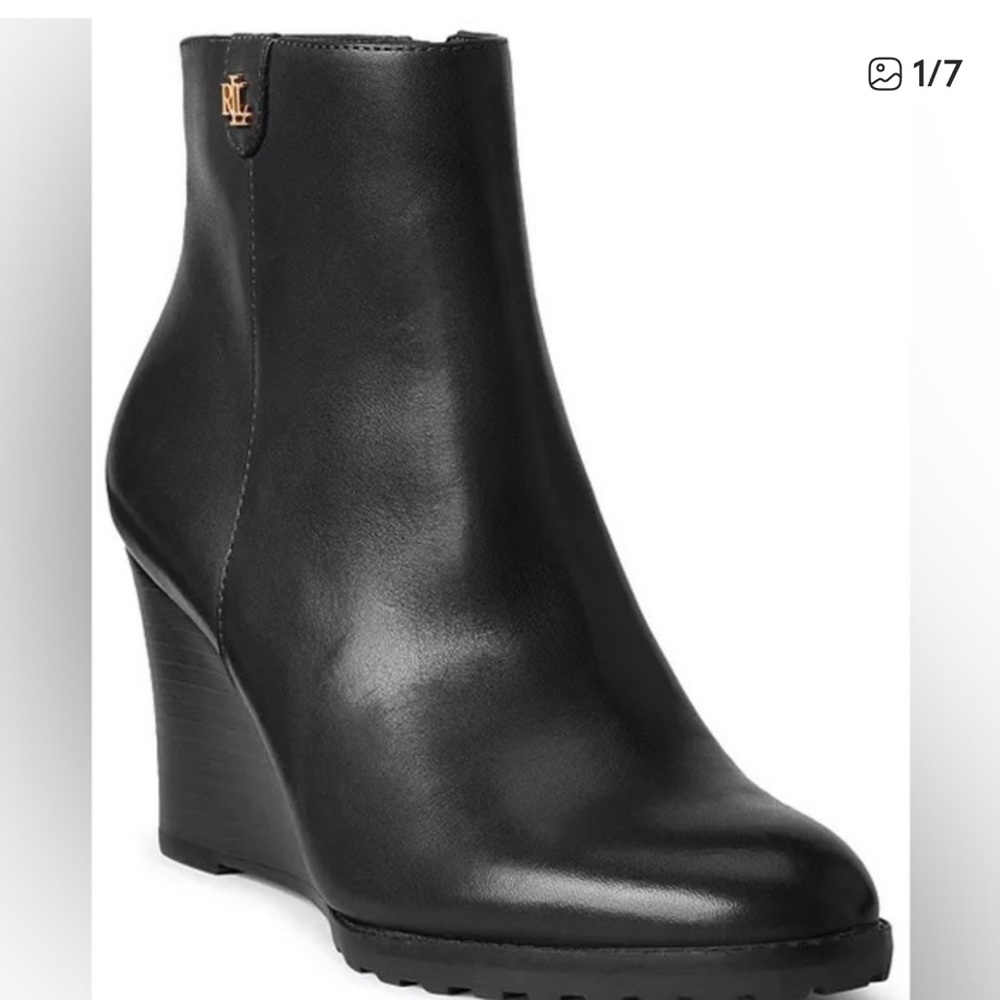 Lauren Ralph Lauren Shaley Calfskin Leather Wedge Black Designer Booties, 8.5